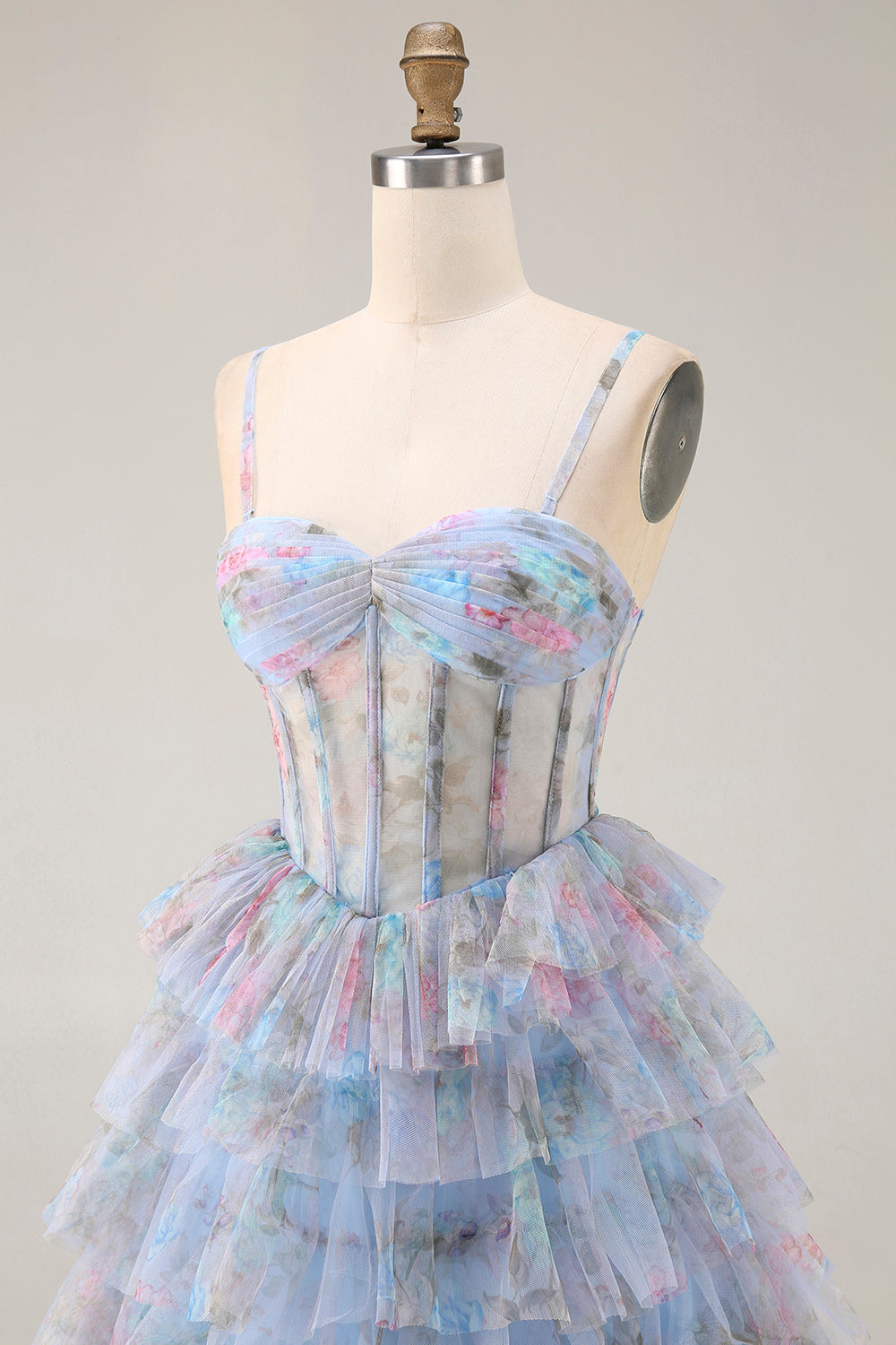 Blue Floral Tiered A-Line Corset Tulle Prom Dress With Slit
