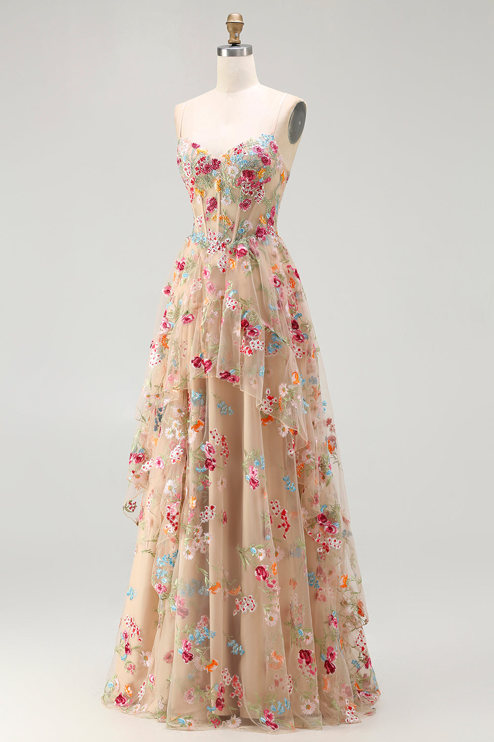 Champagne Floral Embroidered Corset A-Line Prom Dress With Slit