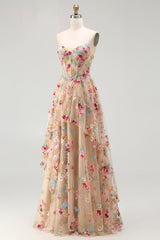 Champagne Floral Embroidered Corset A-Line Prom Dress With Slit