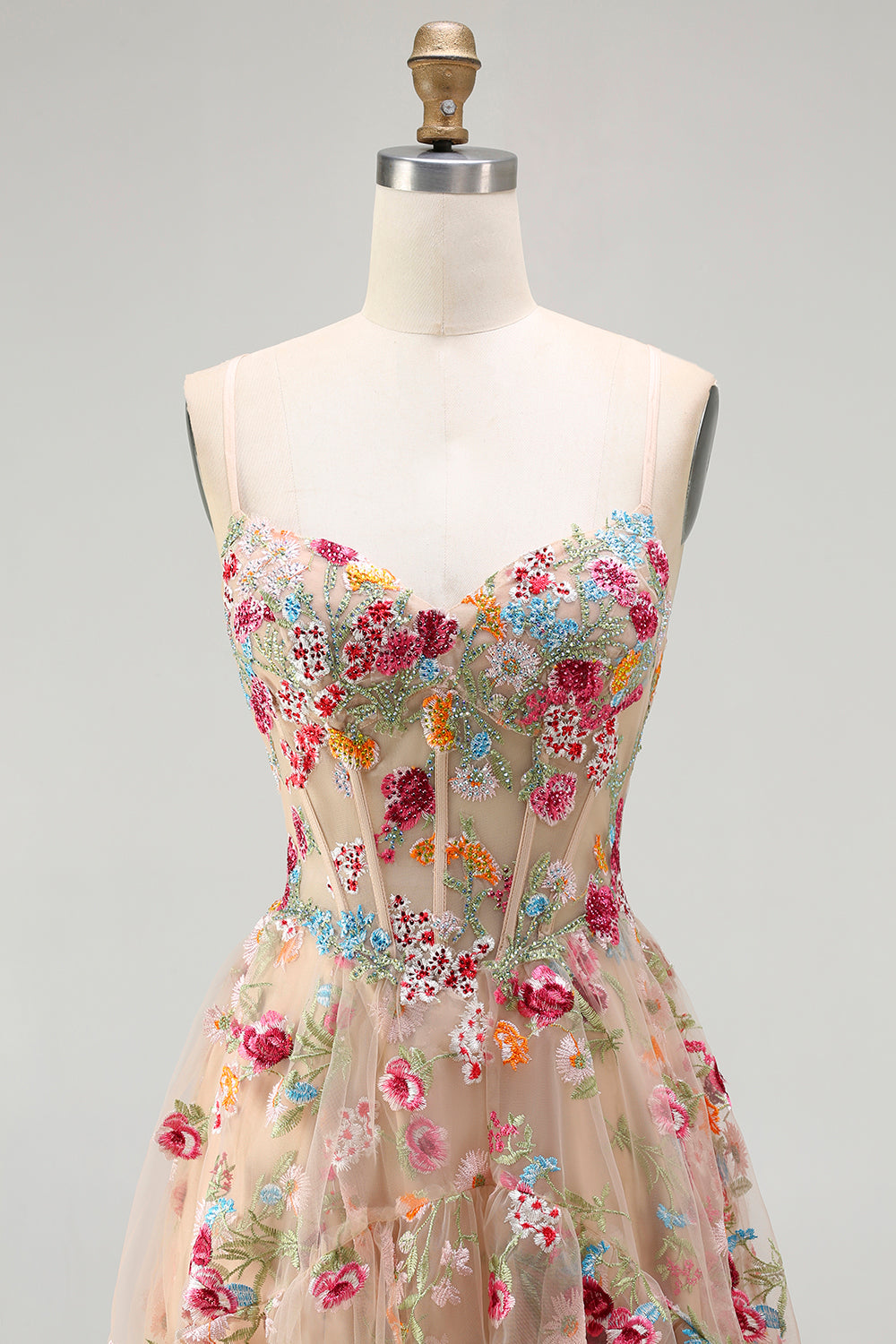 Champagne Floral Embroidered Corset A-Line Prom Dress With Slit