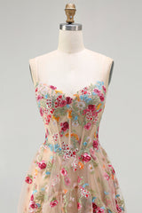 Champagne Floral Embroidered Corset A-Line Prom Dress With Slit