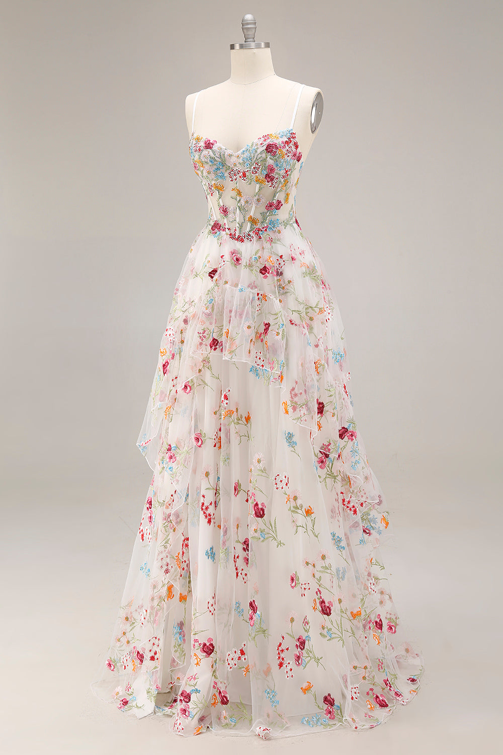 Champagne Floral Embroidered Corset A-Line Prom Dress With Slit