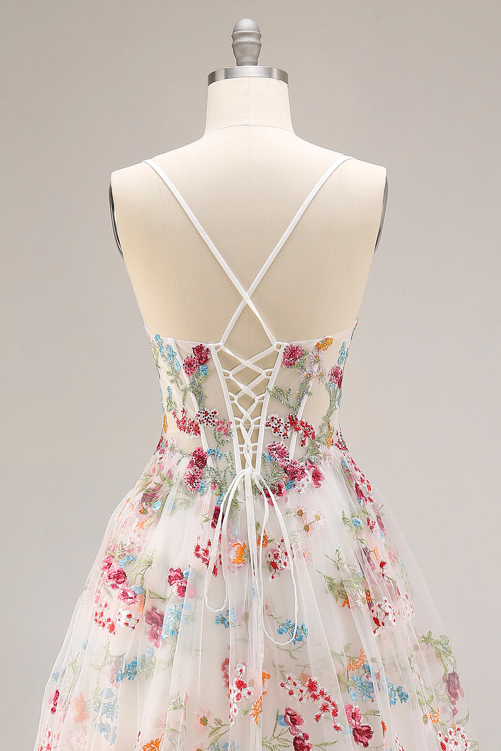 Champagne Floral Embroidered Corset A-Line Prom Dress With Slit