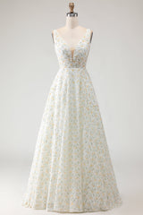 White Yellow Flower A-Line V-Neck Maxi Prom Dress