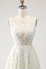 White Yellow Flower A-Line V-Neck Maxi Prom Dress