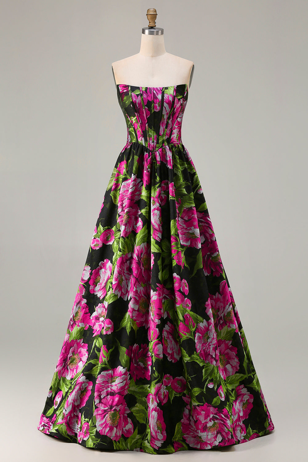 Black Strapless A-Line Corset Print Floral Maxi Prom Dress