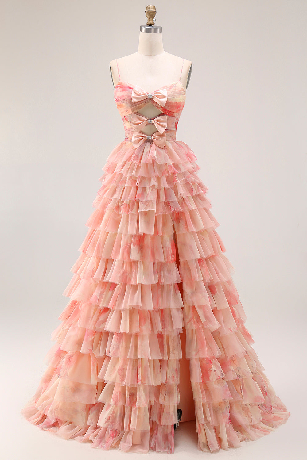 Tiered Spaghetti Straps Sunset Cut Out Prom Dress with Bows
