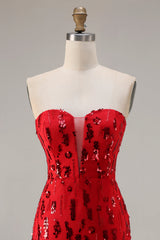 Sparkly Red Mermaid Strapless Maxi Prom Dress With Slit