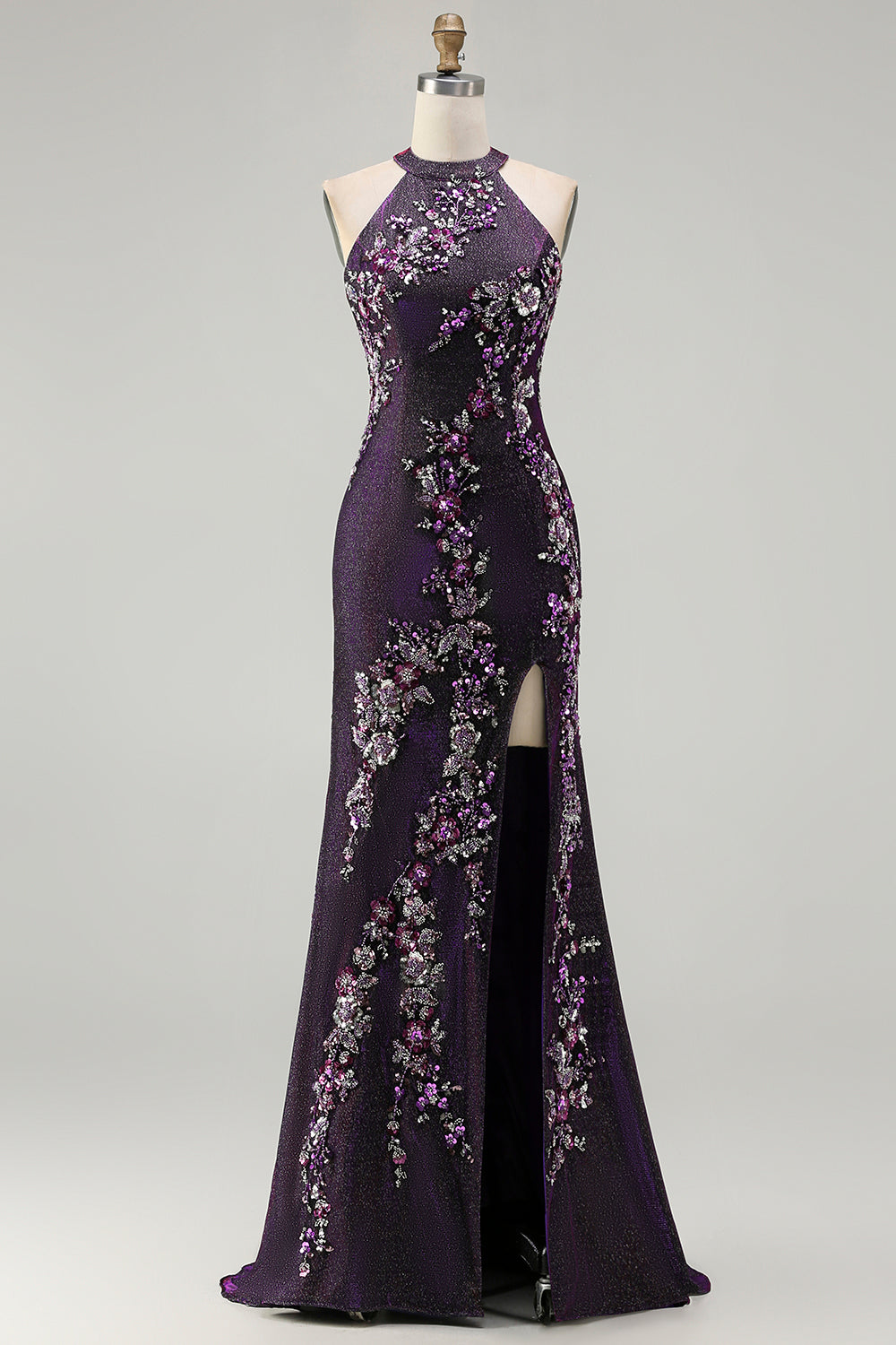 Glitter Grape Halter Beaded Mermaid Appliqued Prom Dress