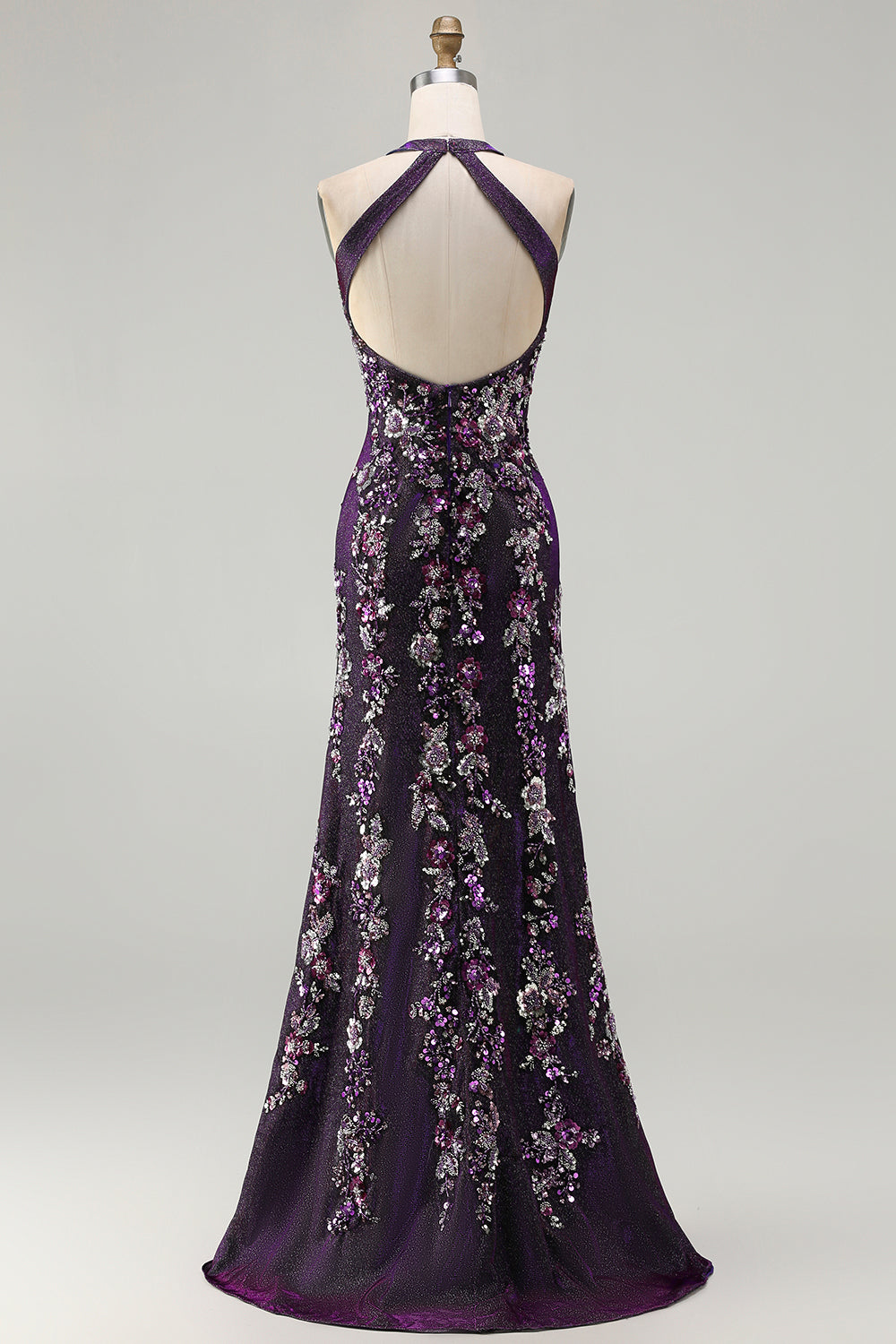 Glitter Grape Halter Beaded Mermaid Prom Dress With Slit
