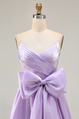 Lilac A-Line Spaghetti Straps Maxi Prom Dress With Bow