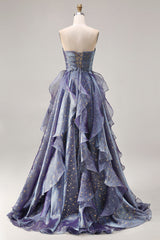 Sparkly Strapless A Line Ruffled Dusty Blue Prom Dress