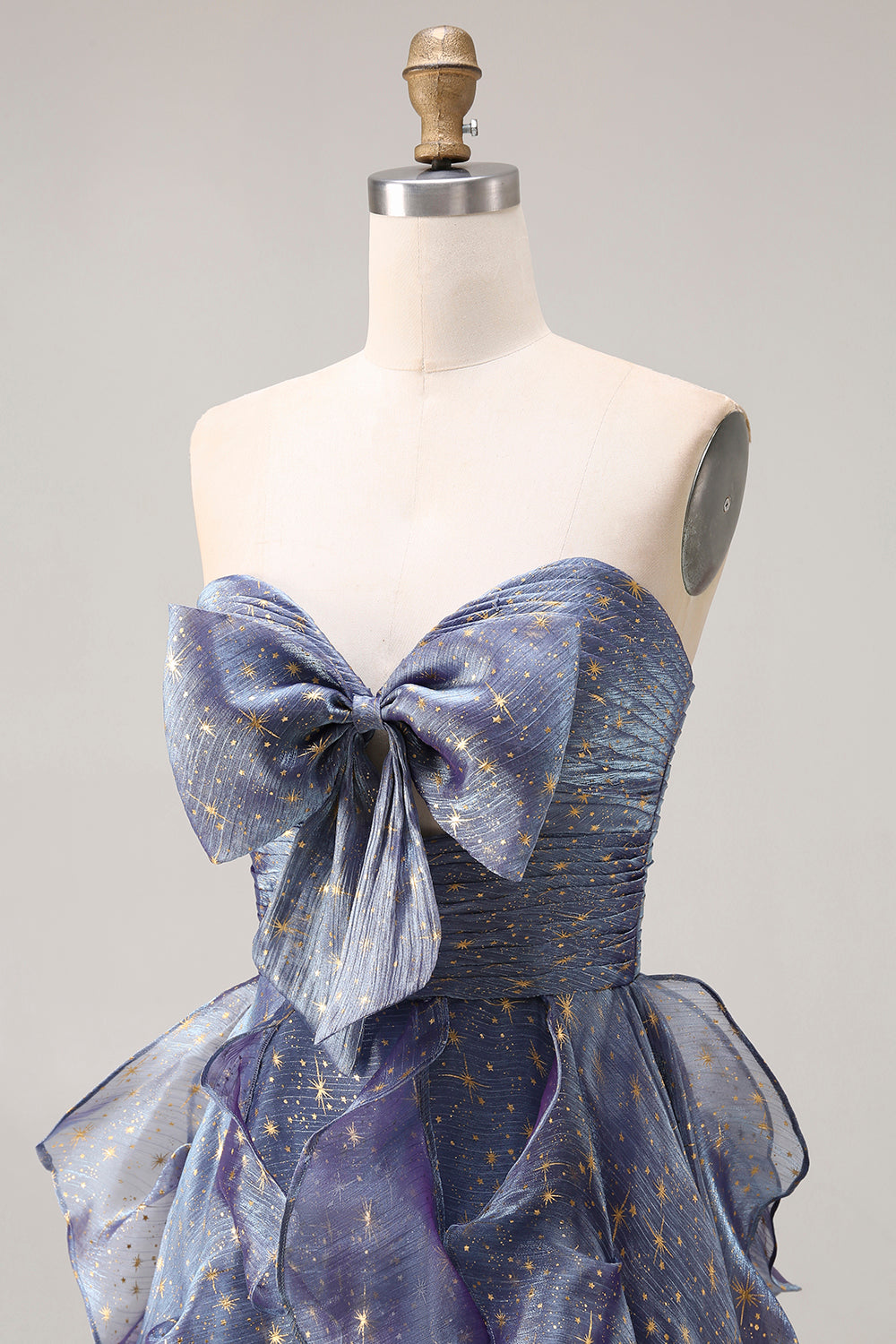 Sparkly Strapless A Line Ruffled Dusty Blue Prom Dress