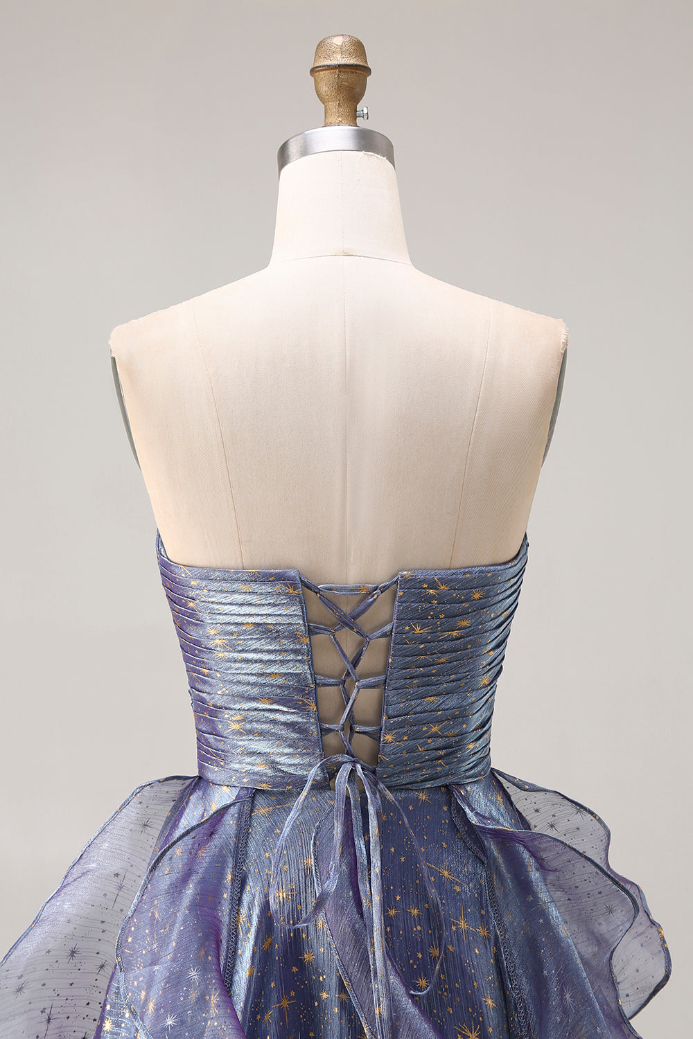 Sparkly Strapless A Line Ruffled Dusty Blue Prom Dress