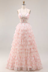 Halter Tiered Beaded Candy Pink Corset Prom Dress