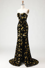 Black Golden Sequin Mermaid Strapless Prom Dress With Slit