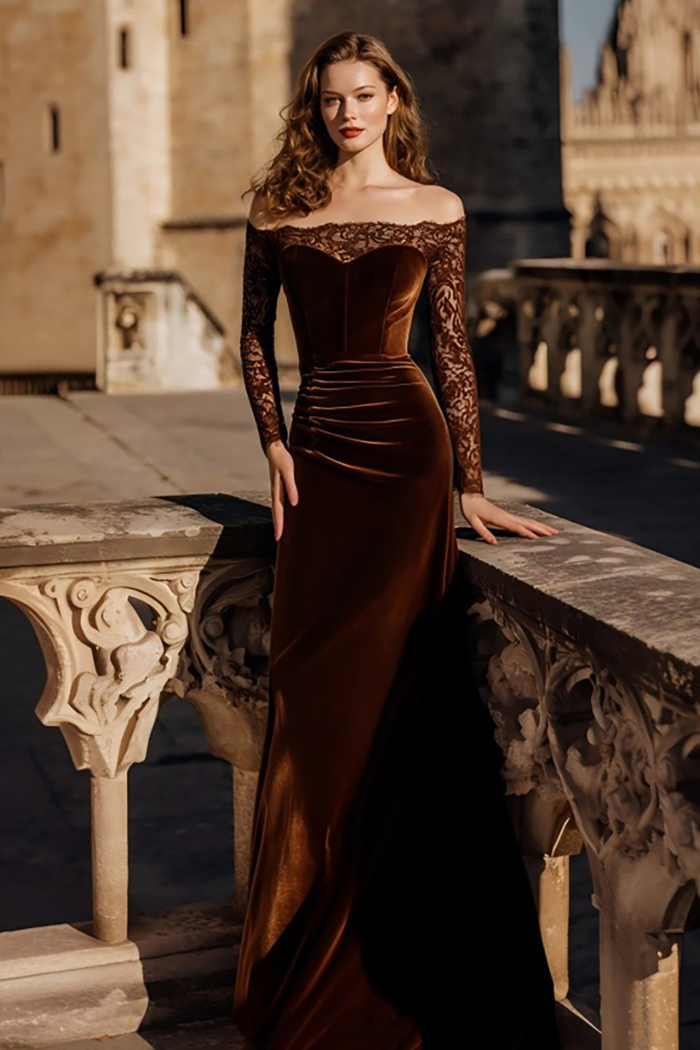Brown Velvet Off The Shoulder Mermaid Holiday Dress With Lace Long Sleeves