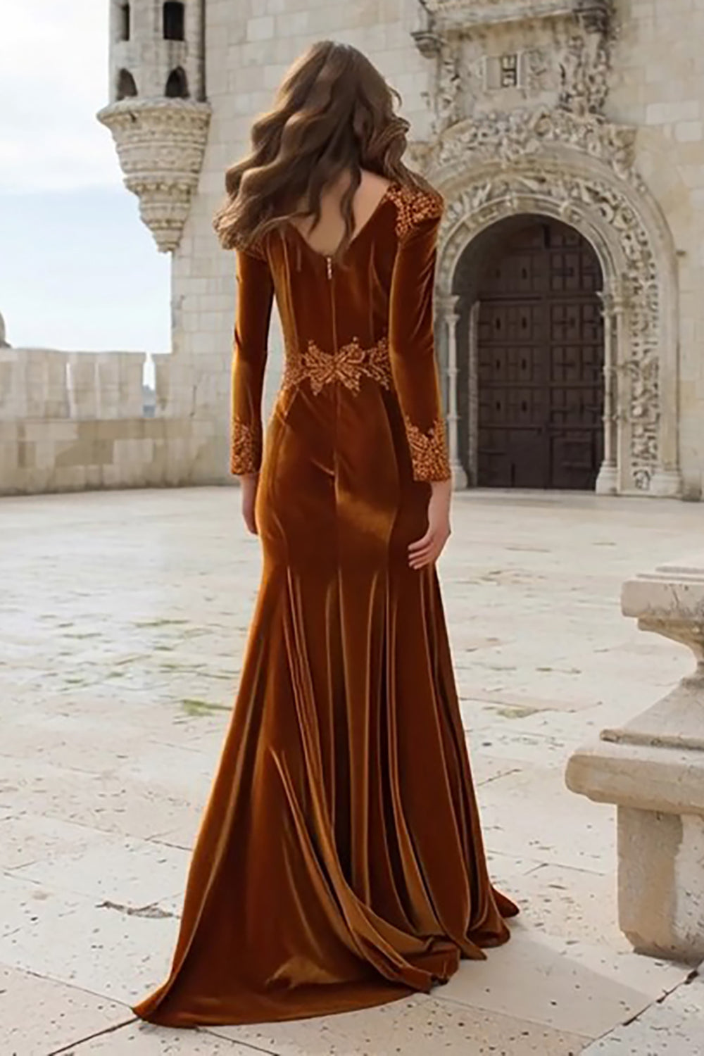 Mermaid Caramel Velvet Appliqued Long Sleeve Holiday Dress