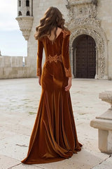 Mermaid Caramel Velvet Appliqued Long Sleeve Holiday Dress
