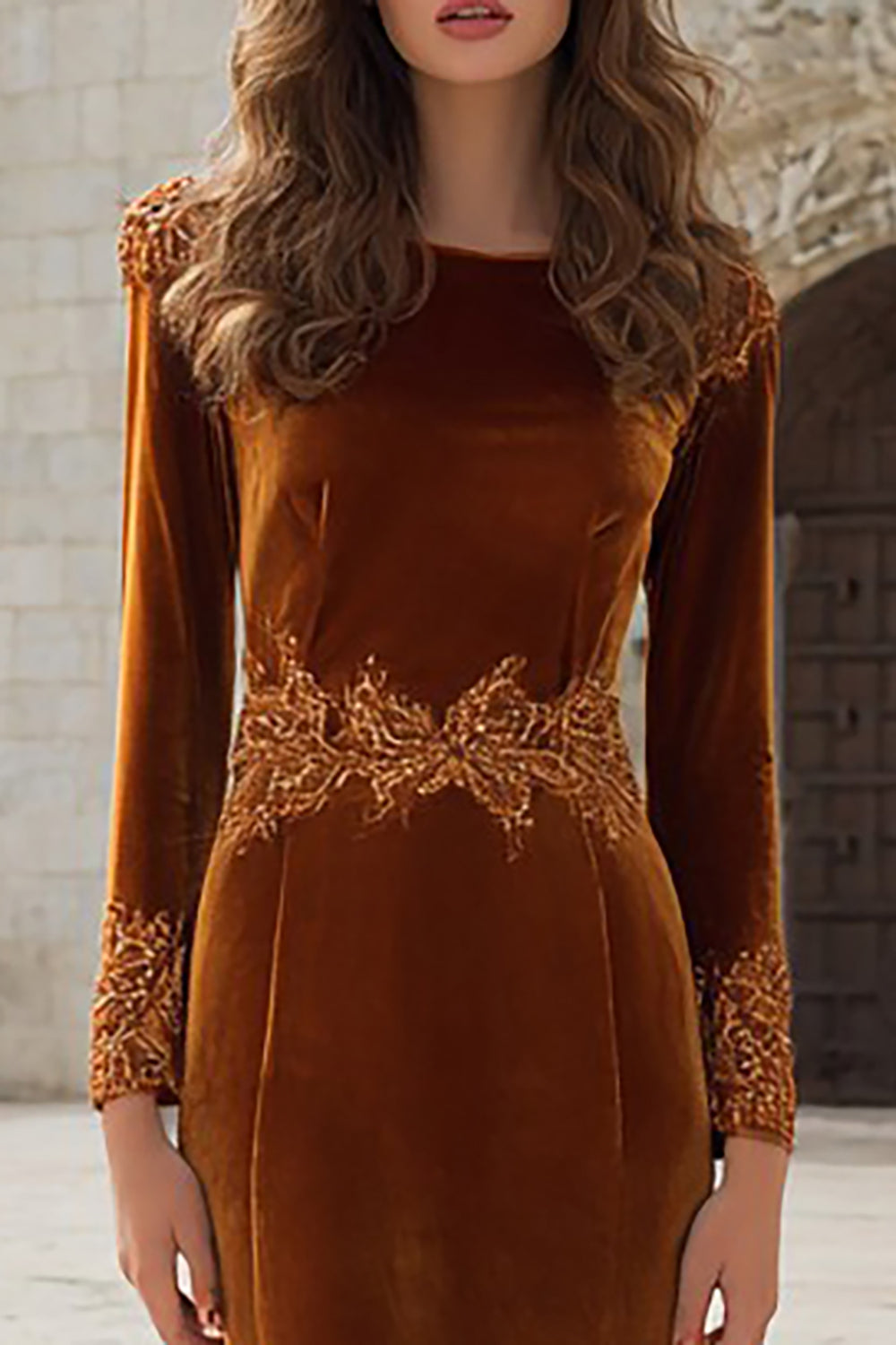 Mermaid Caramel Velvet Appliqued Long Sleeve Holiday Dress