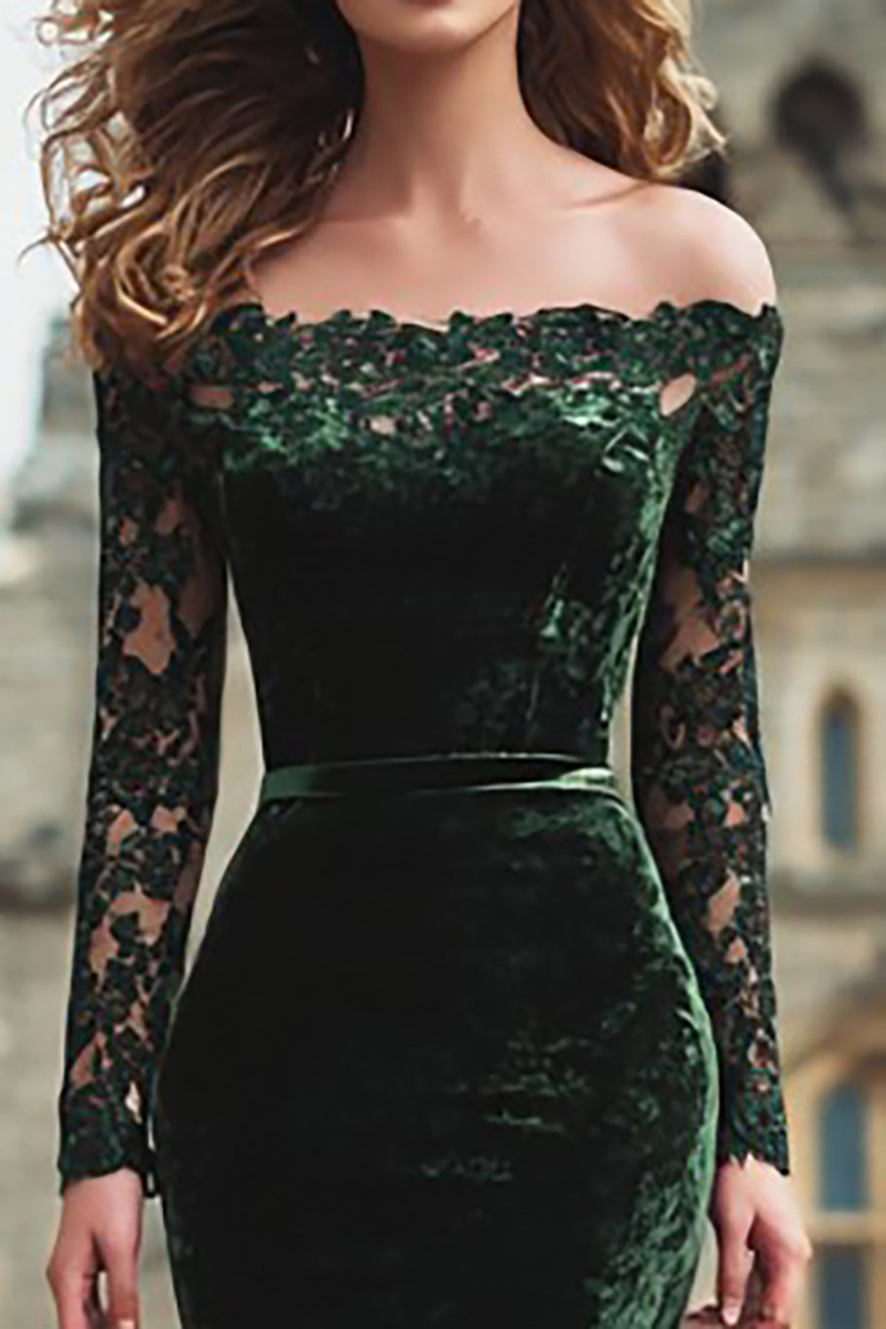 Dark Green Off The Shoulder Velvet Lace Mermaid Holiday Dress With Long Sleeves
