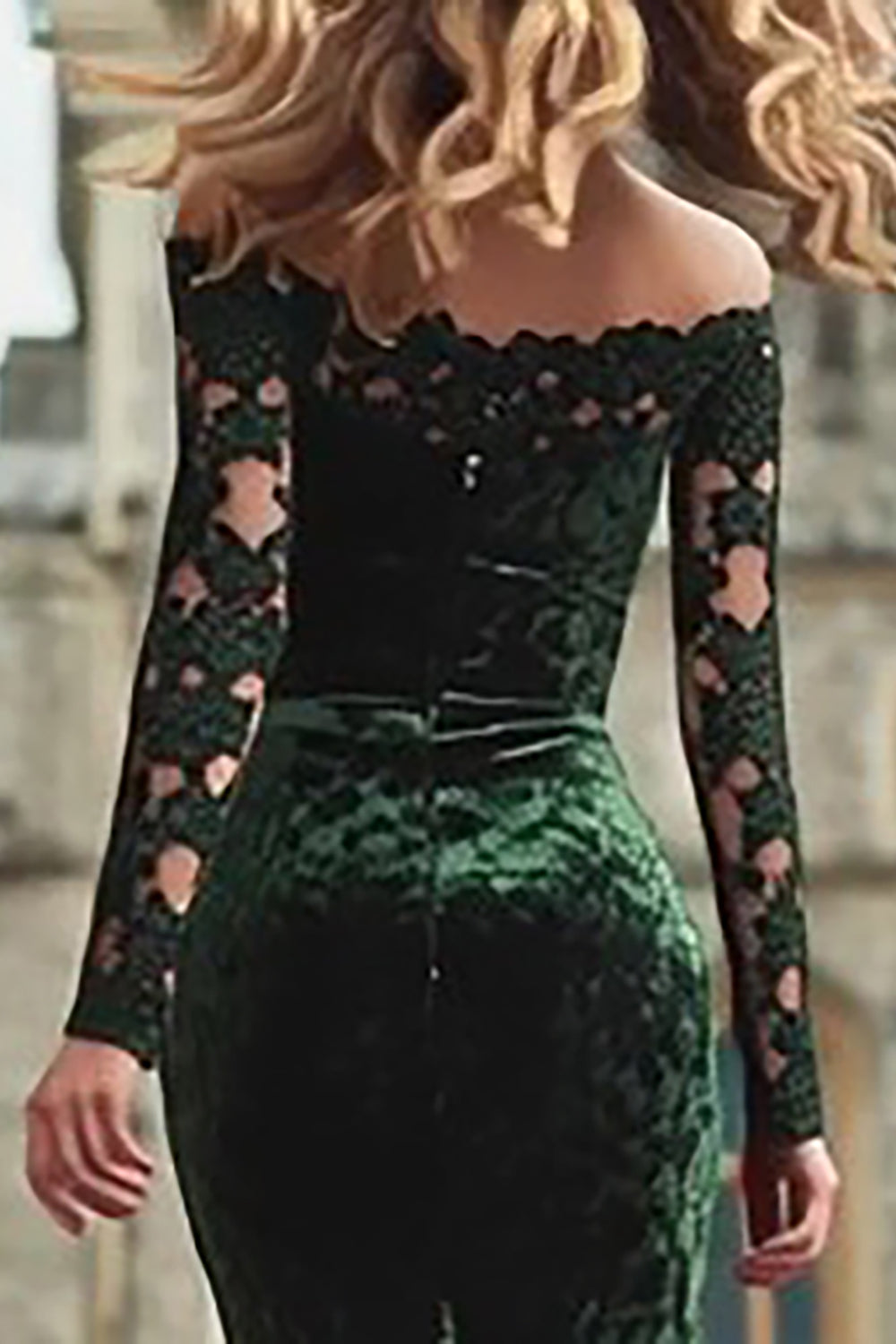 Dark Green Off The Shoulder Velvet Lace Mermaid Holiday Dress With Long Sleeves