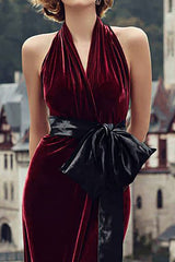 Burgundy Halter Sheath Velvet Holiday Dress With Slit