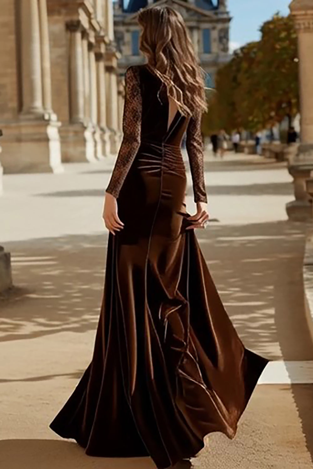 Mermaid Velvet Brown V-Neck Formal Dress With Long Sleeves