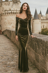 Olive Off The Shoulder Velvet Mermaid Long Sleeve Holiday Dress