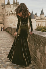 Olive Off The Shoulder Velvet Mermaid Long Sleeve Holiday Dress
