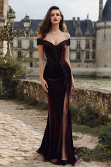 Off The Shoulder Burgundy Velvet Mermaid Maxi Holiday Dress With Slit
