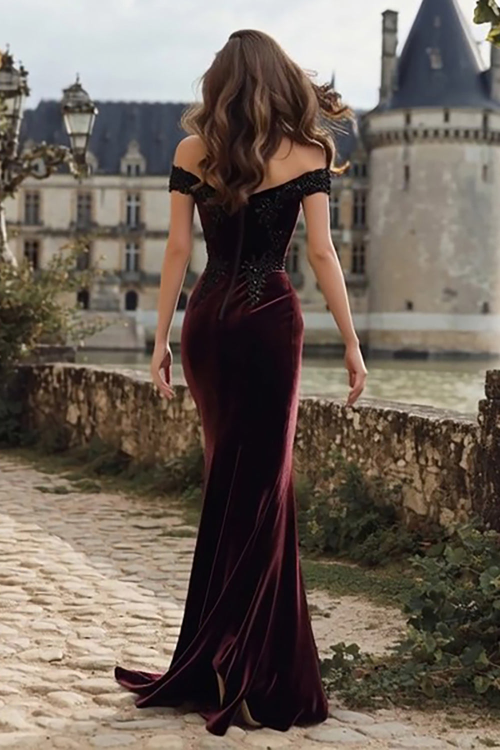 Off The Shoulder Burgundy Velvet Mermaid Maxi Holiday Dress With Slit