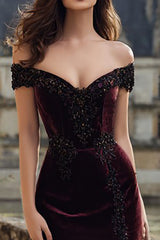 Off The Shoulder Burgundy Velvet Mermaid Maxi Holiday Dress With Slit