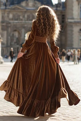 Velvet A-Line Brown V-Neck Maxi Formal Dress With Slit