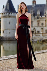 Burgundy Velvet Halter Maxi Holiday Dress With Slit