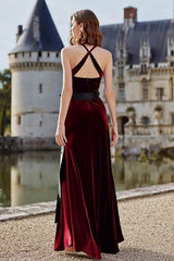 Burgundy Velvet Halter Maxi Holiday Dress With Slit