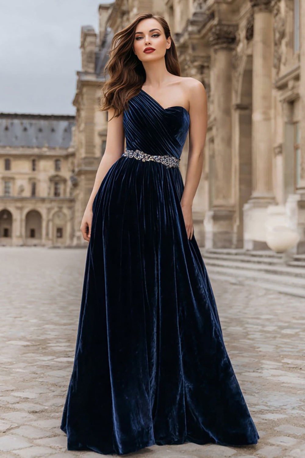 Navy One Shoulder A-Line Ruched Velvet Maxi Formal Dress