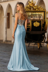 Dusty Blue Satin Mermaid Corset Sequin Beaded Prom Dress With Slit
