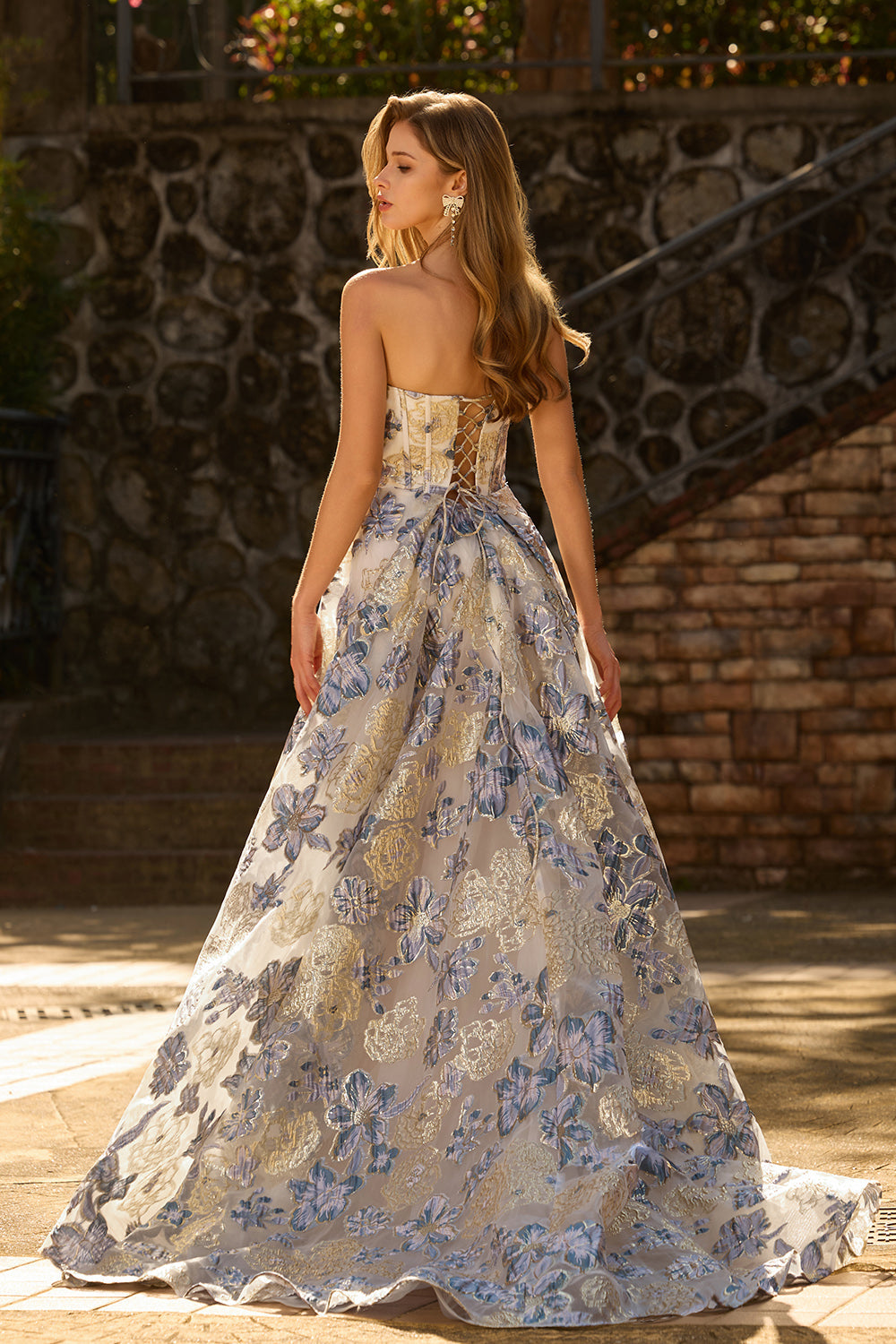 Strapless Corset A Line Dusty Blue Floral Prom Dress