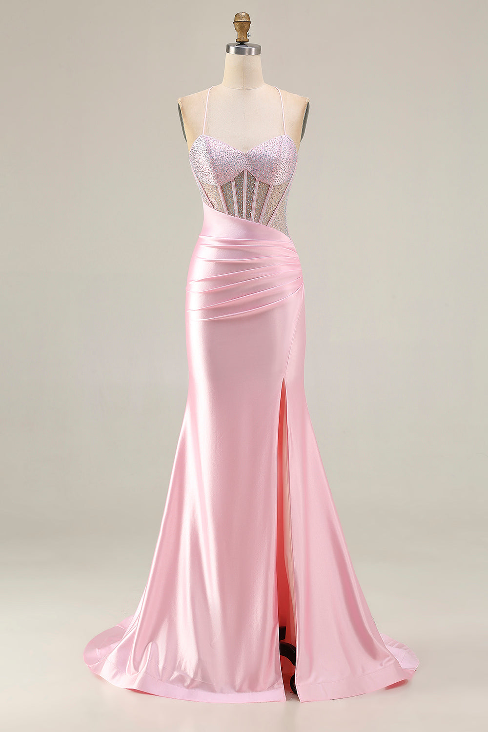 Pink Mermaid Corset Satin Beaded Prom Dress With Slit