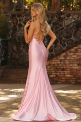 Pink Mermaid Corset Satin Beaded Prom Dress With Slit