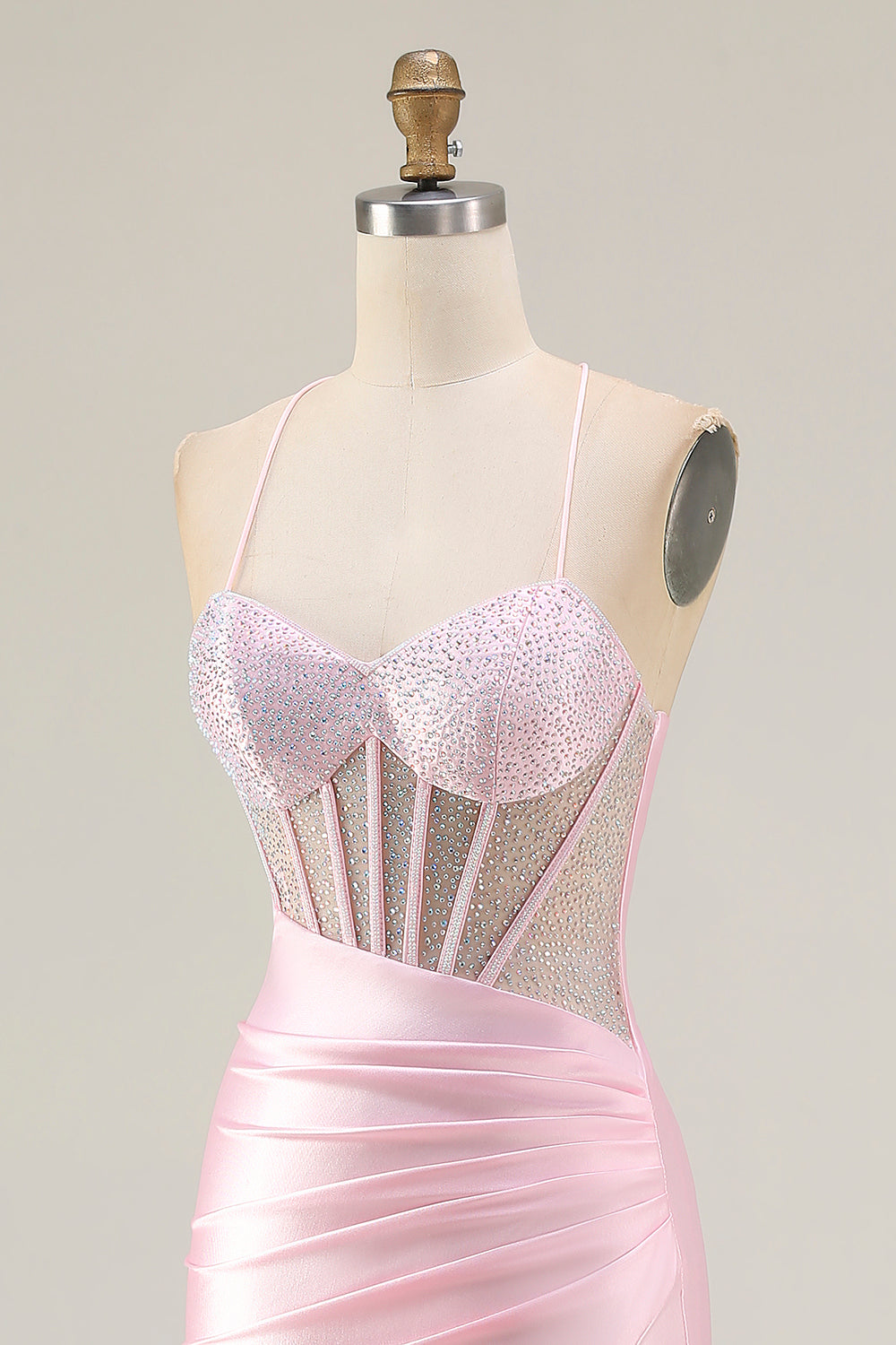 Pink Mermaid Corset Satin Beaded Prom Dress With Slit