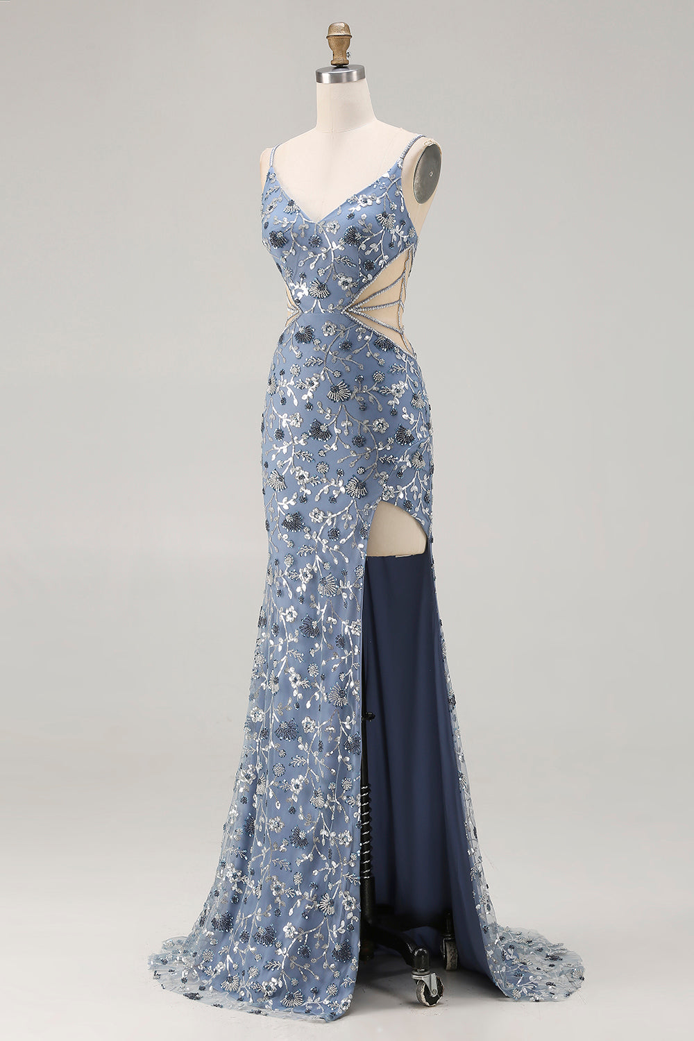 Mermaid Sequin Dusty Blue Cut Out Prom Dress With Slit