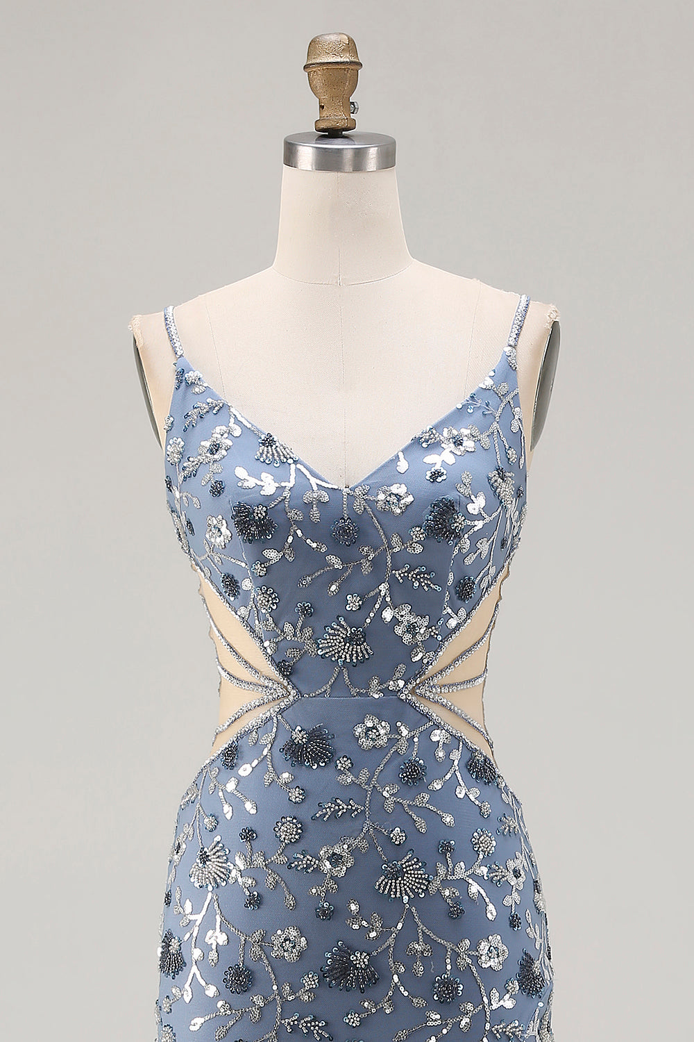 Mermaid Sequin Dusty Blue Cut Out Prom Dress With Slit