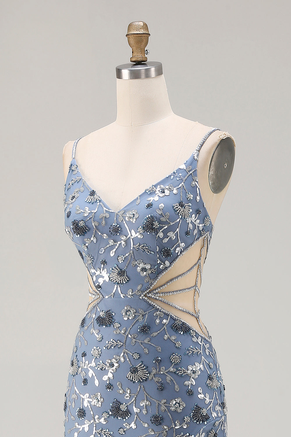 Mermaid Sequin Dusty Blue Cut Out Prom Dress With Slit