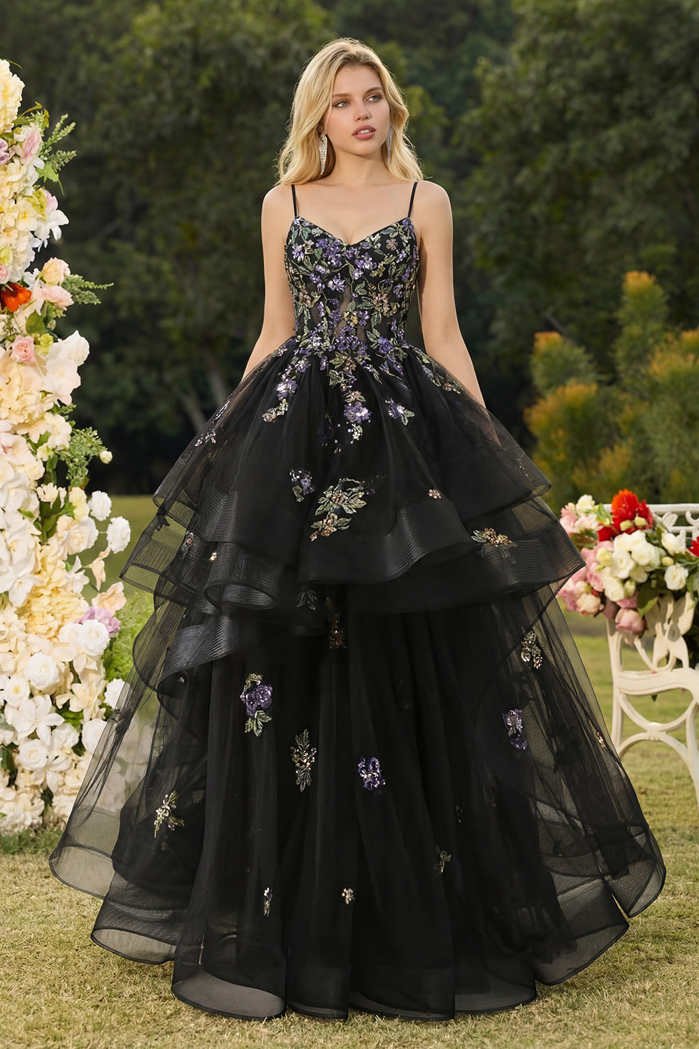 Black Sequin Embroidered Corset Ball Gown Prom Dress