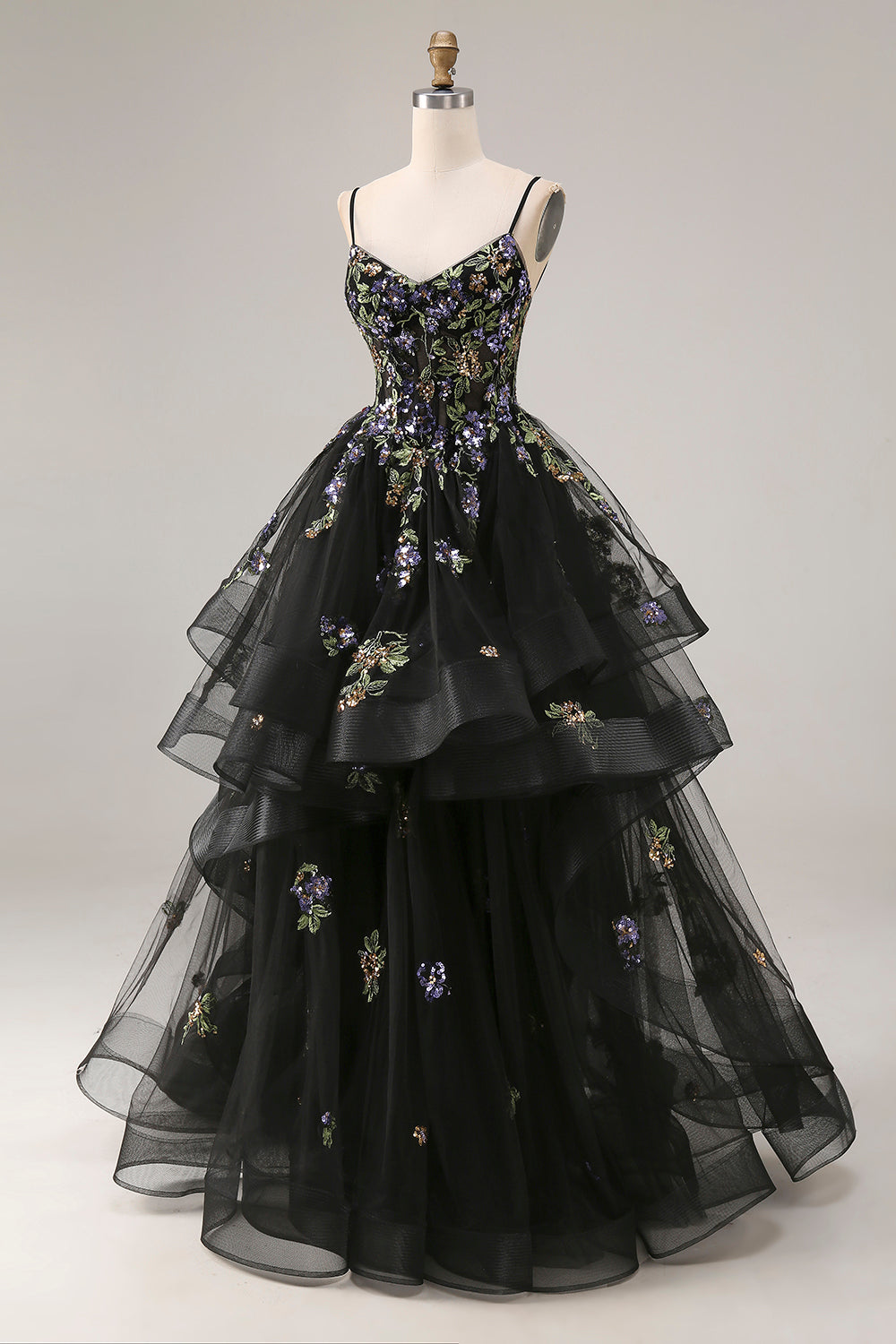 Black Sequin Embroidered Corset Ball Gown Prom Dress