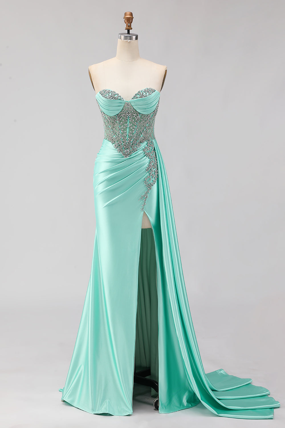 Sweetheart Mermaid Mint Green Beaded Satin Prom Dress With Slit