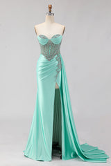 Sweetheart Mermaid Mint Green Beaded Satin Prom Dress With Slit