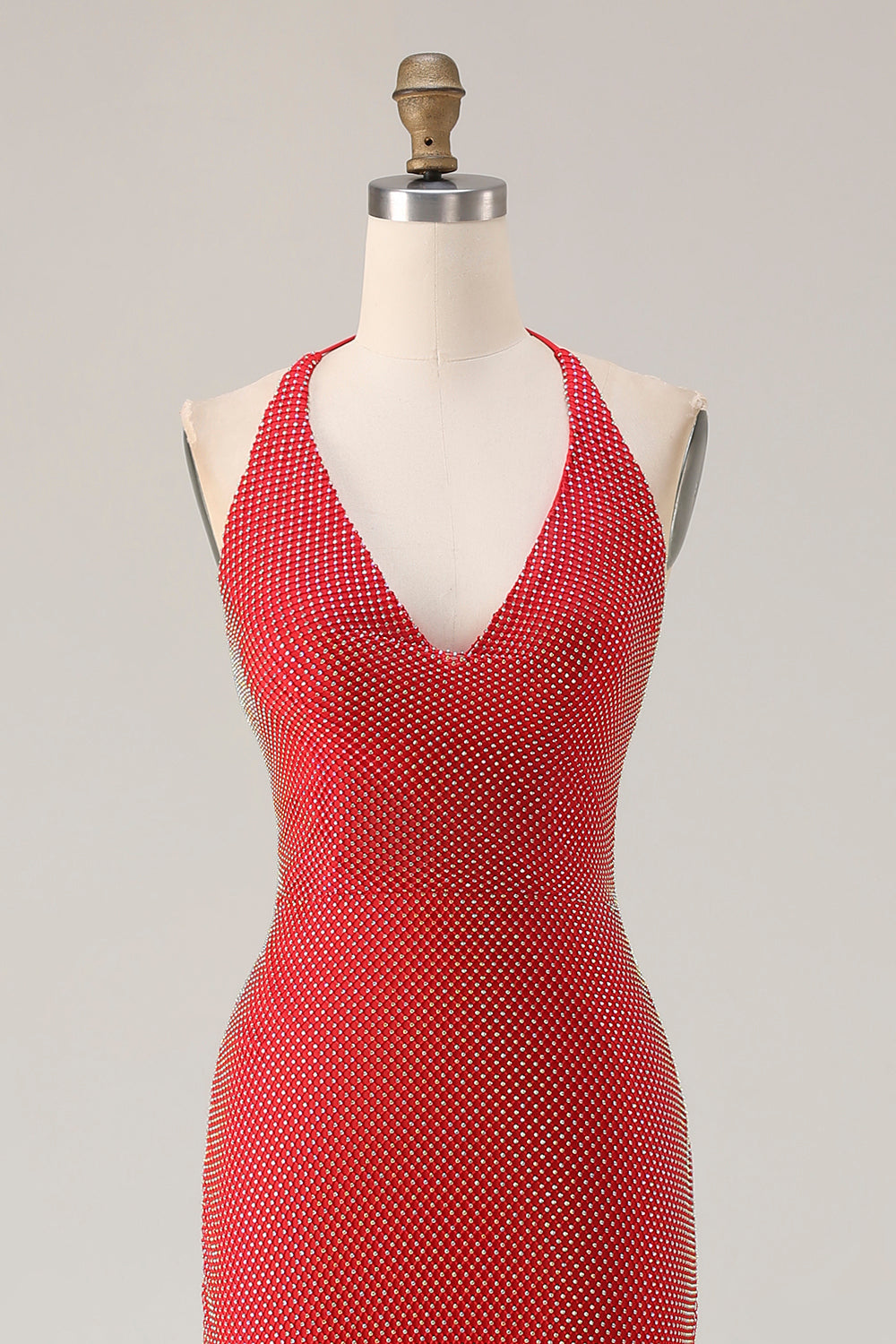 Red Beaded Halter Mermaid Prom Dress With Slit